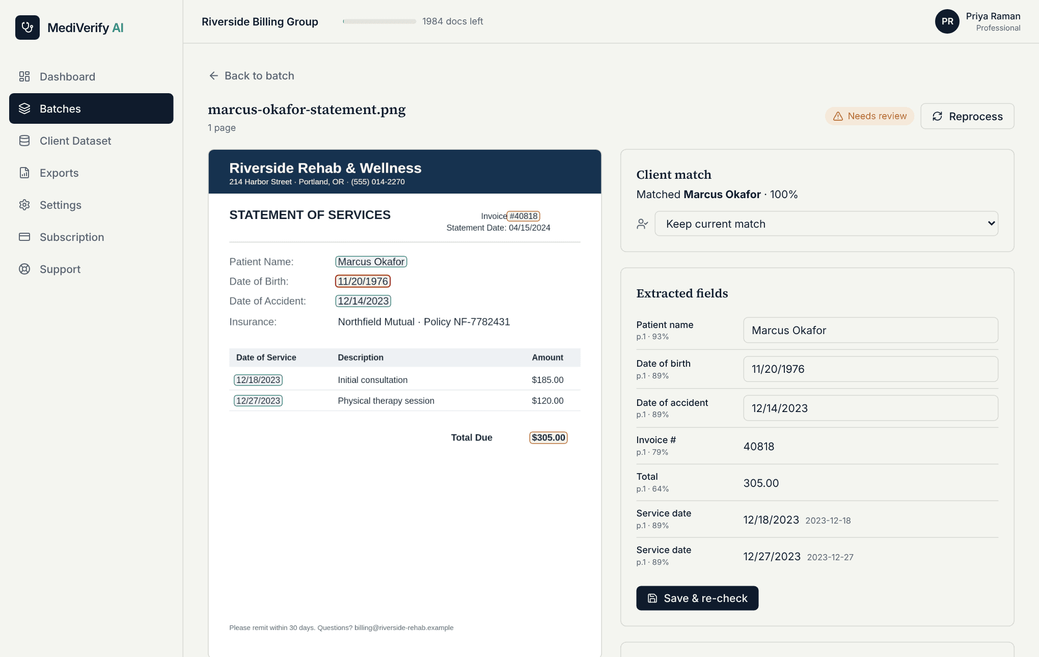 MediVerify review screen: the original bill with the date of birth and accident date highlighted and a DoB mismatch flag